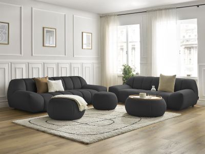 Ensemble canapé droit fixe 3 + 2 places HAYDEN tissu mesh avec 1 pouf grand avec plateau, 1 pouf grand et 1 pouf petit