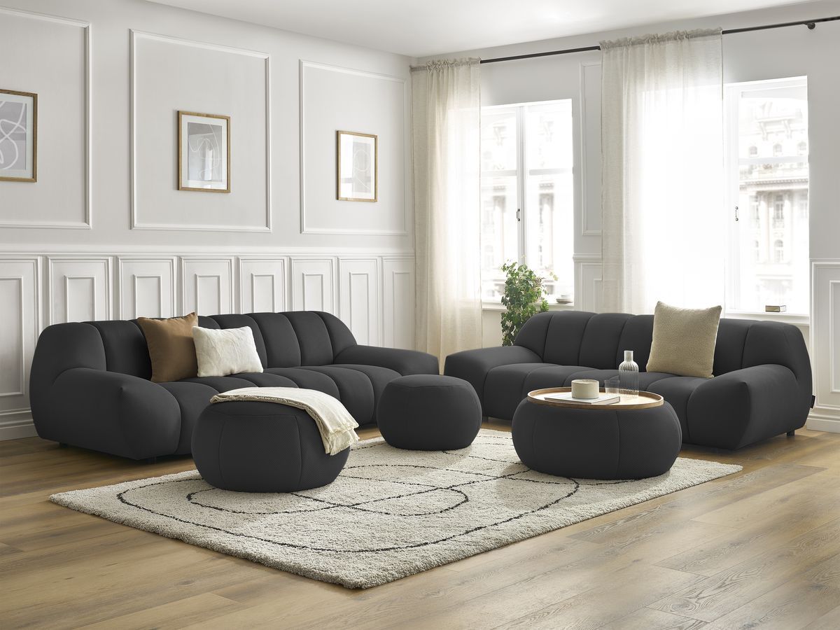 Ensemble canapé droit fixe 3 + 2 places HAYDEN tissu mesh avec 1 pouf grand avec plateau, 1 pouf grand et 1 pouf petit