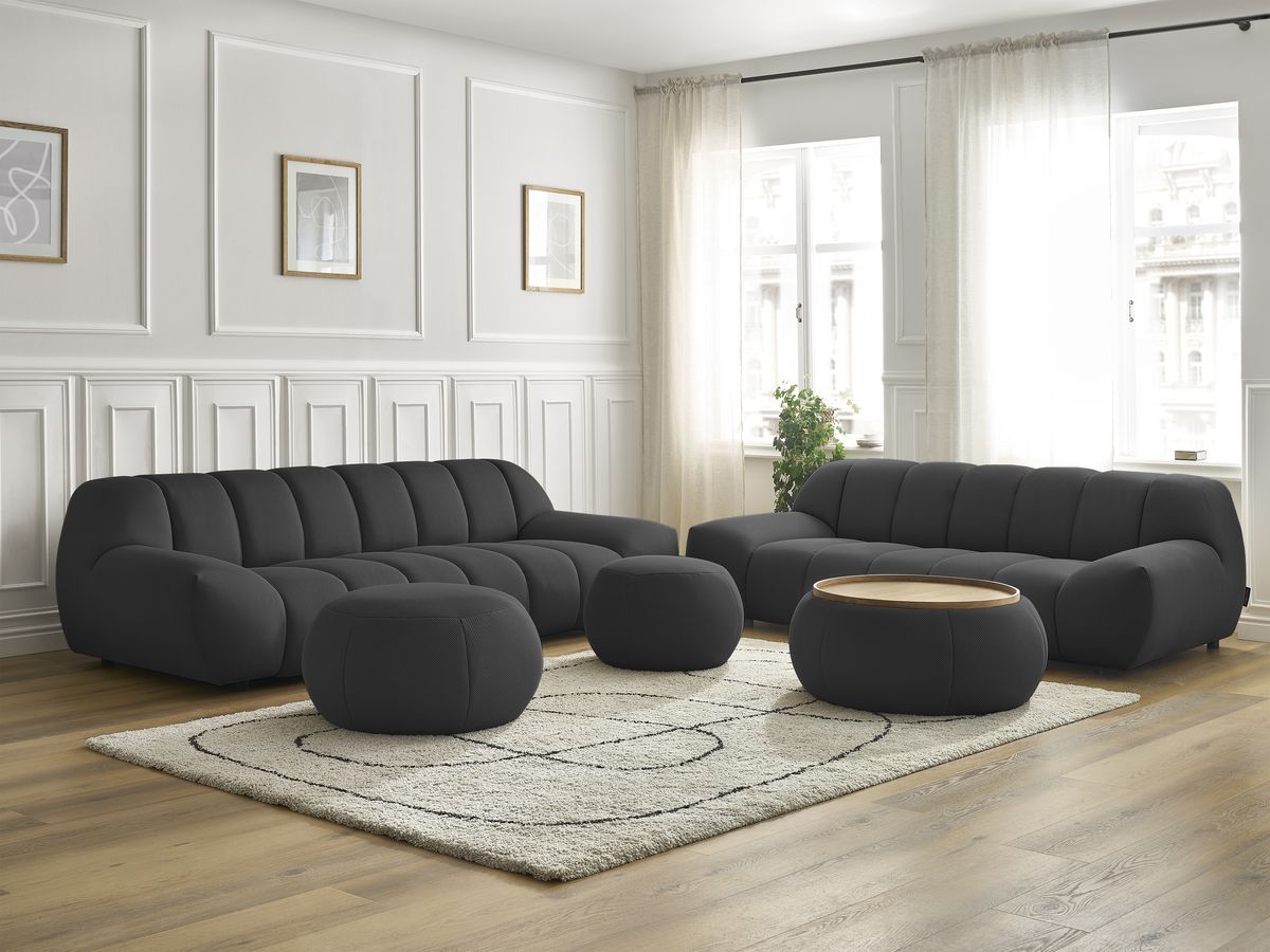 Ensemble canapé droit fixe 3 + 2 places HAYDEN tissu mesh avec 1 pouf grand avec plateau, 1 pouf grand et 1 pouf petit