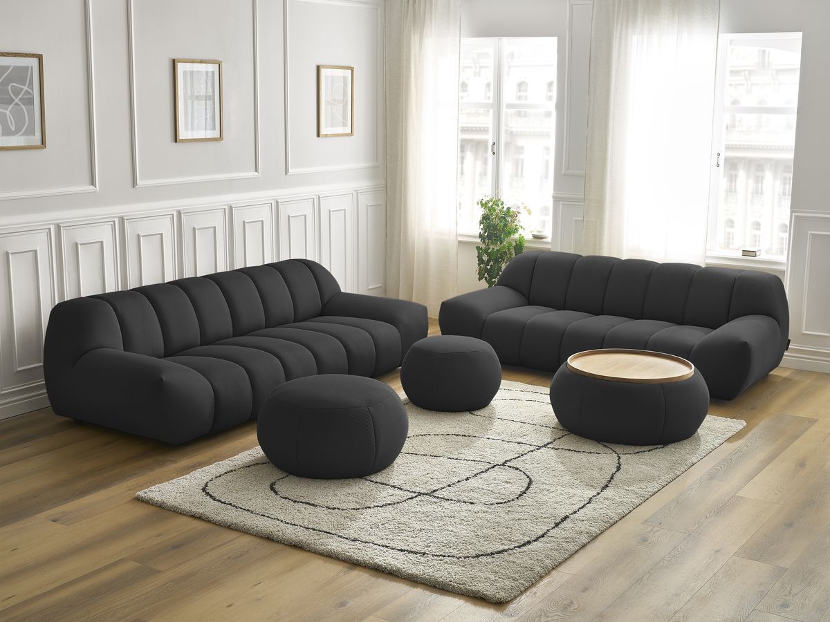 Ensemble canapé droit fixe 3 + 2 places HAYDEN tissu mesh avec 1 pouf grand avec plateau, 1 pouf grand et 1 pouf petit