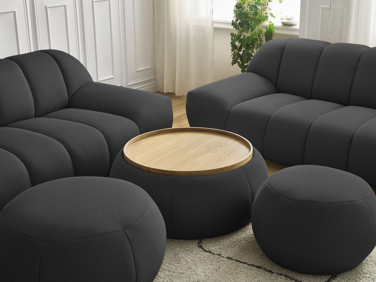 Ensemble canapé droit fixe 3 + 2 places HAYDEN tissu mesh avec 1 pouf grand avec plateau, 1 pouf grand et 1 pouf petit