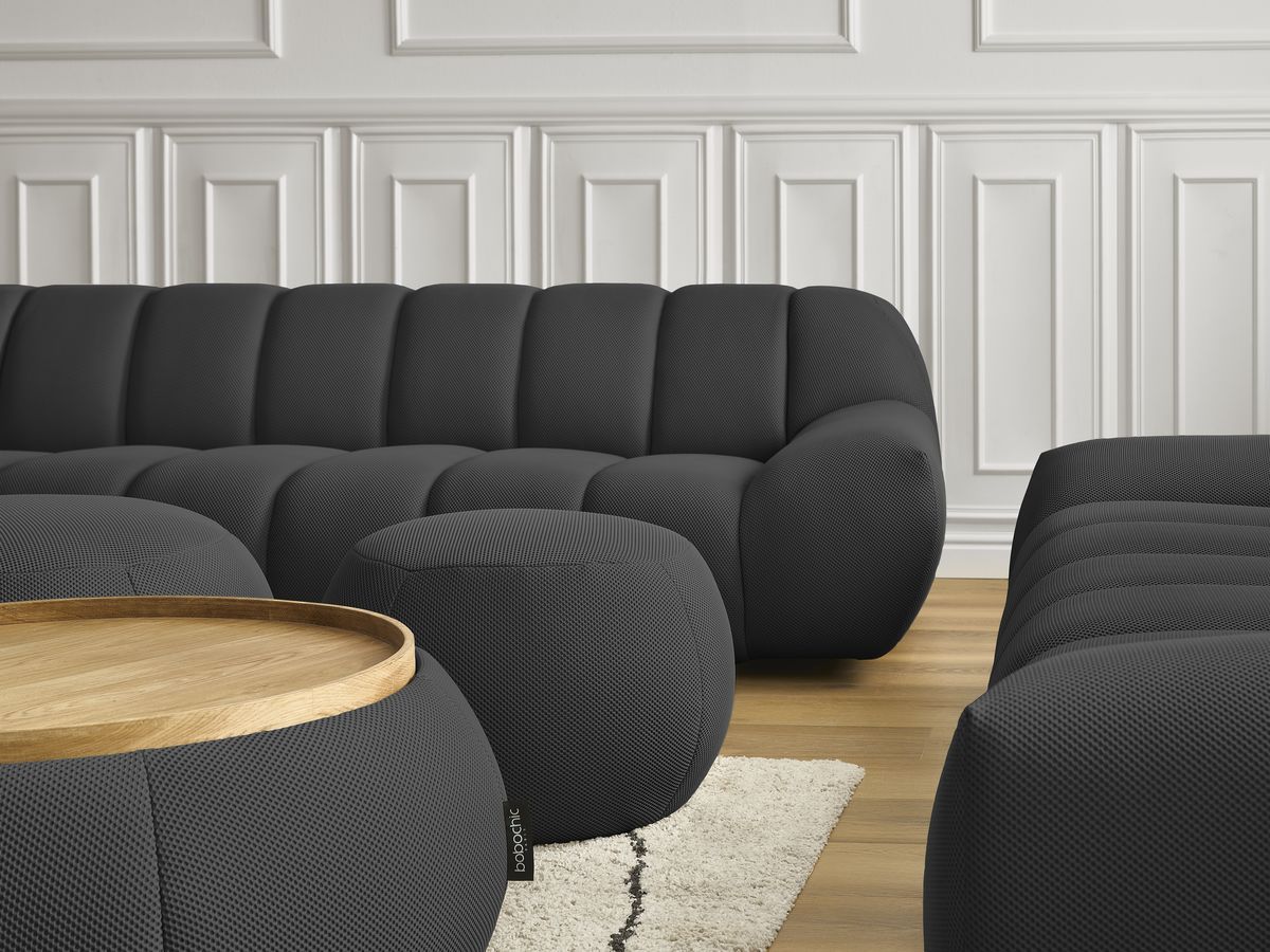 Ensemble canapé droit fixe 3 + 2 places HAYDEN tissu mesh avec 1 pouf grand avec plateau, 1 pouf grand et 1 pouf petit