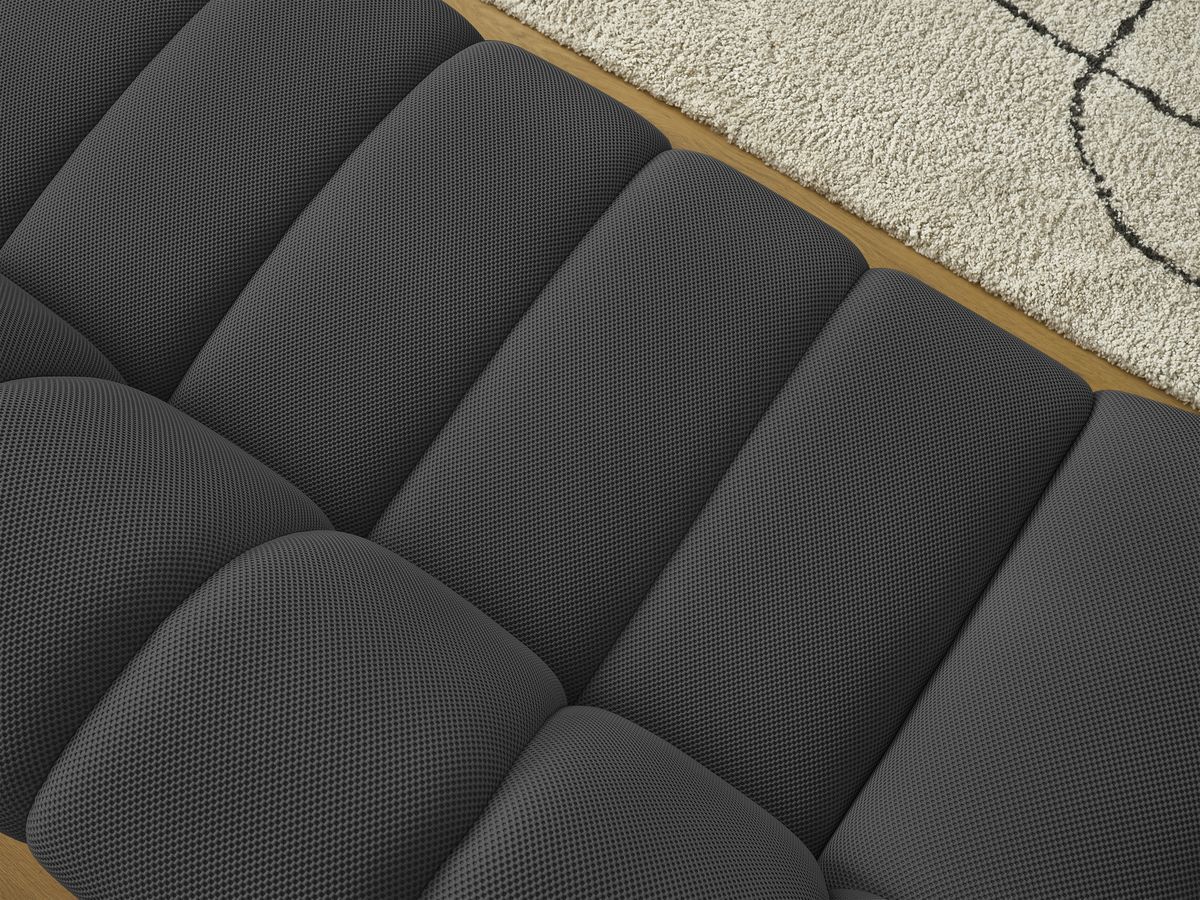 Ensemble canapé droit fixe 3 + 2 places HAYDEN tissu mesh avec 1 pouf grand avec plateau, 1 pouf grand et 1 pouf petit