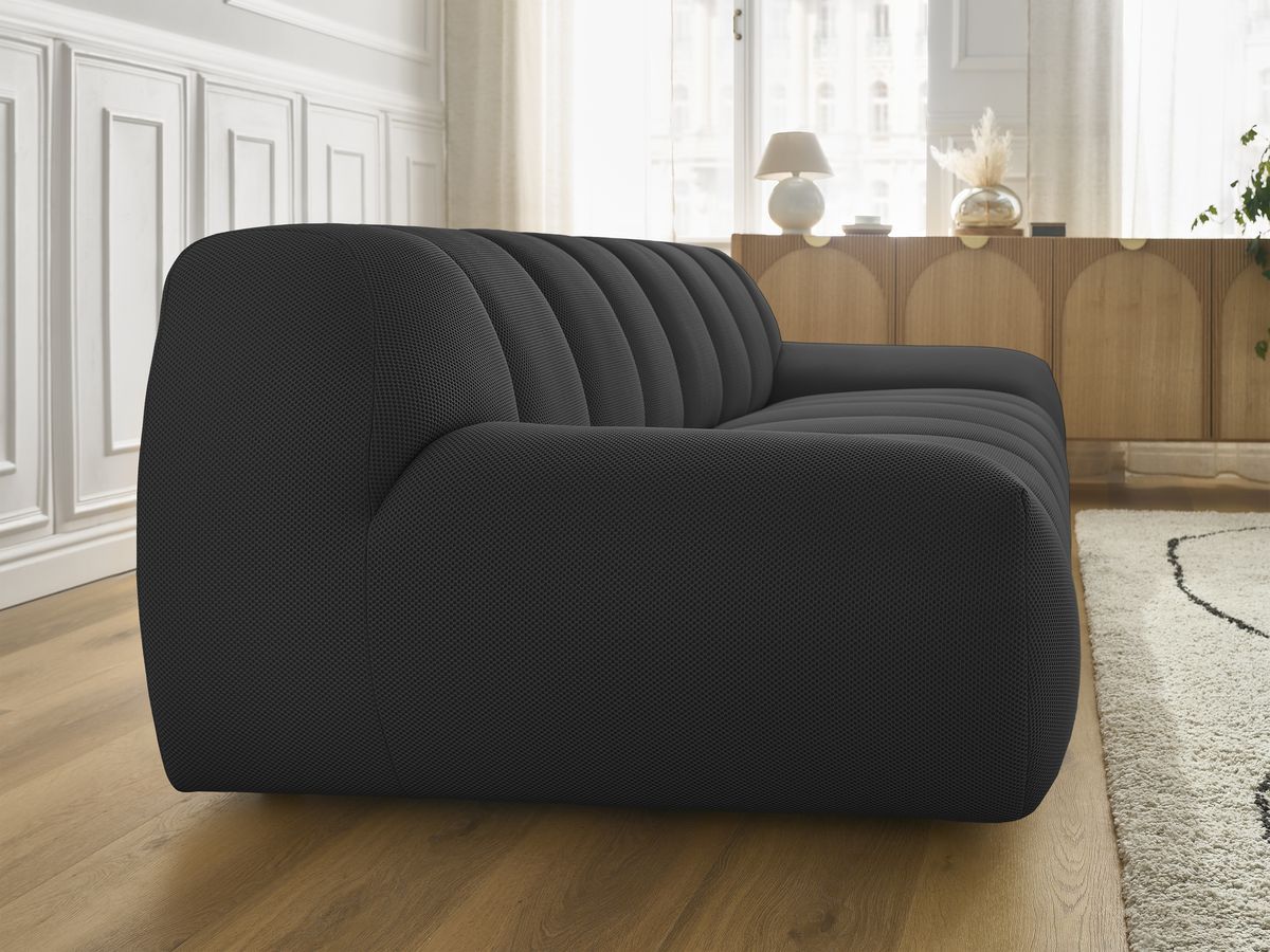 Ensemble canapé droit fixe 3 + 2 places HAYDEN tissu mesh avec 1 pouf grand avec plateau, 1 pouf grand et 1 pouf petit