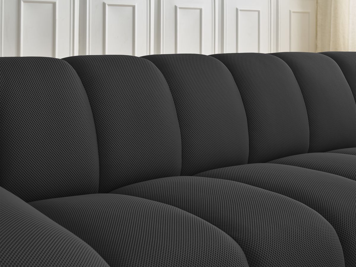 Ensemble canapé droit fixe 3 + 2 places HAYDEN tissu mesh avec 1 pouf grand avec plateau, 1 pouf grand et 1 pouf petit
