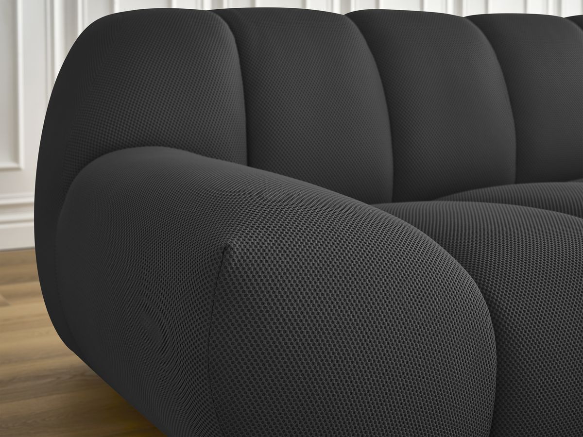 Ensemble canapé droit fixe 3 + 2 places HAYDEN tissu mesh avec 1 pouf grand avec plateau, 1 pouf grand et 1 pouf petit
