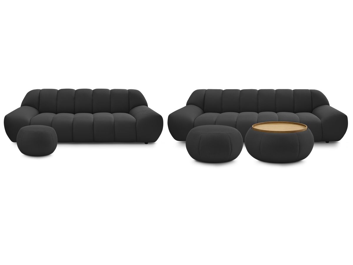 Ensemble canapé droit fixe 3 + 2 places HAYDEN tissu mesh avec 1 pouf grand avec plateau, 1 pouf grand et 1 pouf petit