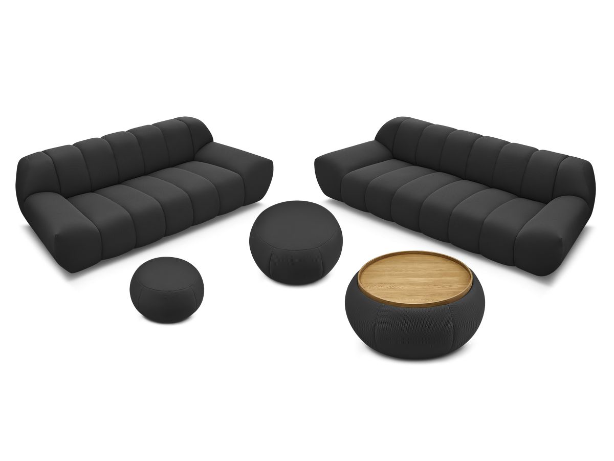 Ensemble canapé droit fixe 3 + 2 places HAYDEN tissu mesh avec 1 pouf grand avec plateau, 1 pouf grand et 1 pouf petit