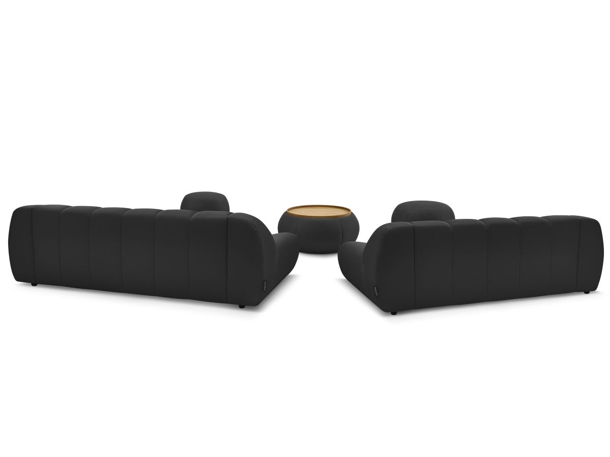 Ensemble canapé droit fixe 3 + 2 places HAYDEN tissu mesh avec 1 pouf grand avec plateau, 1 pouf grand et 1 pouf petit