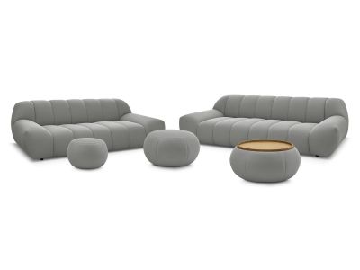 Ensemble canapé droit fixe 3 + 2 places HAYDEN tissu mesh avec 1 pouf grand avec plateau, 1 pouf grand et 1 pouf petit
