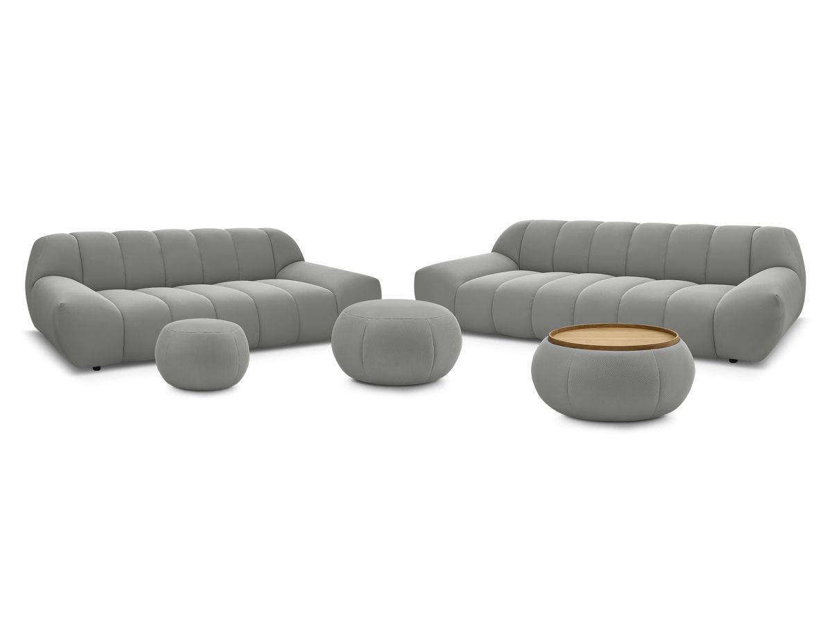 Ensemble canapé droit fixe 3 + 2 places HAYDEN tissu mesh avec 1 pouf grand avec plateau, 1 pouf grand et 1 pouf petit