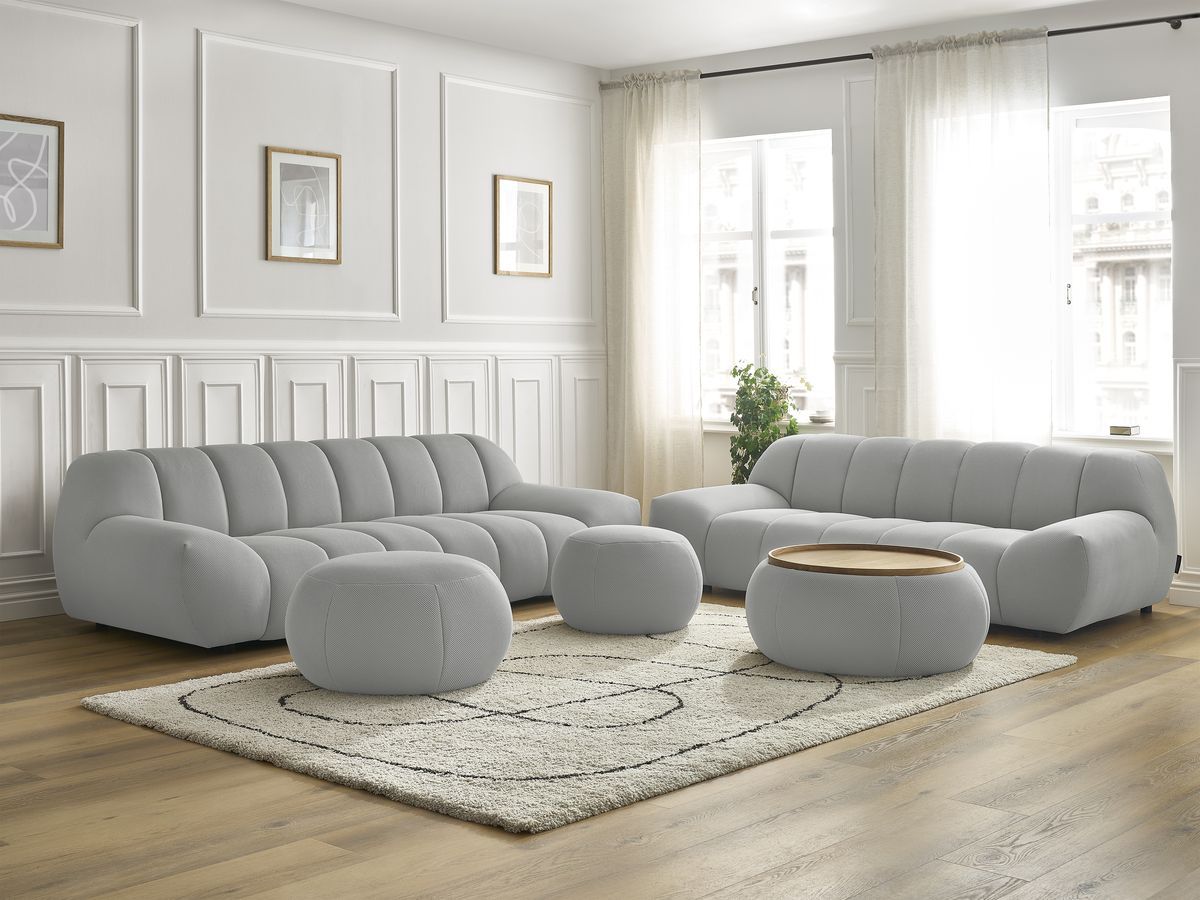 Ensemble canapé droit fixe 3 + 2 places HAYDEN tissu mesh avec 1 pouf grand avec plateau, 1 pouf grand et 1 pouf petit