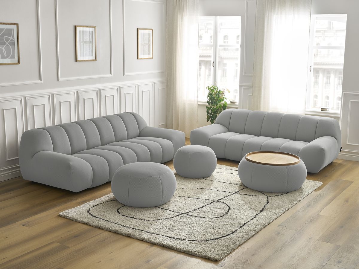 Ensemble canapé droit fixe 3 + 2 places HAYDEN tissu mesh avec 1 pouf grand avec plateau, 1 pouf grand et 1 pouf petit