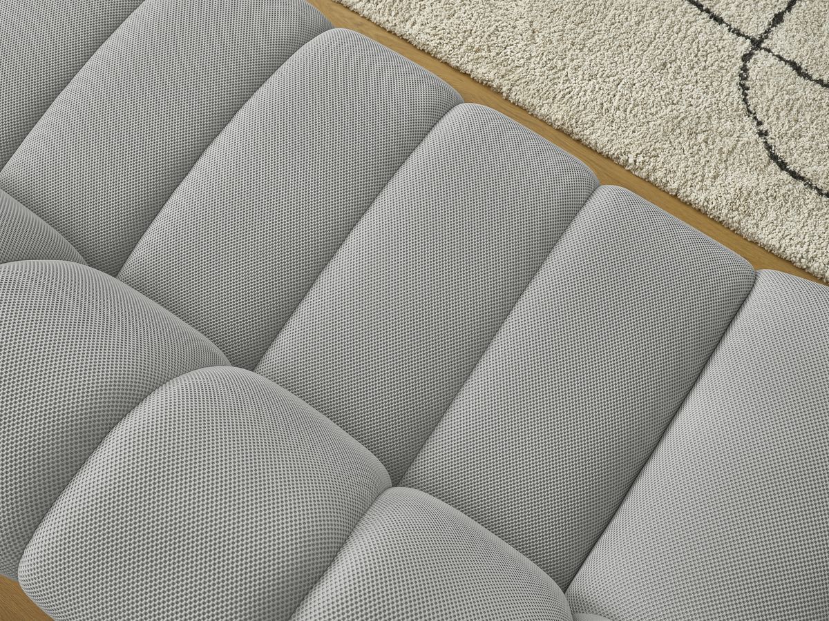Ensemble canapé droit fixe 3 + 2 places HAYDEN tissu mesh avec 1 pouf grand avec plateau, 1 pouf grand et 1 pouf petit