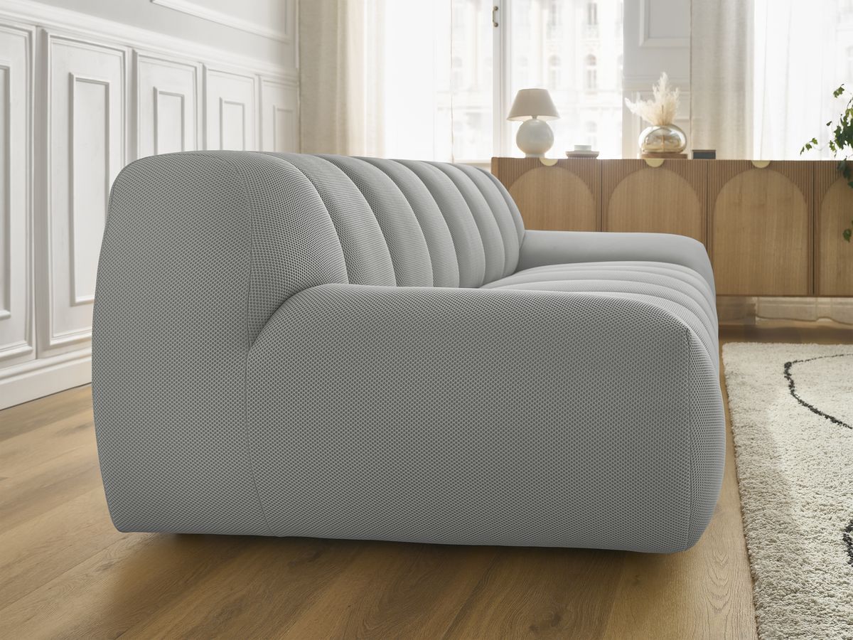 Ensemble canapé droit fixe 3 + 2 places HAYDEN tissu mesh avec 1 pouf grand avec plateau, 1 pouf grand et 1 pouf petit