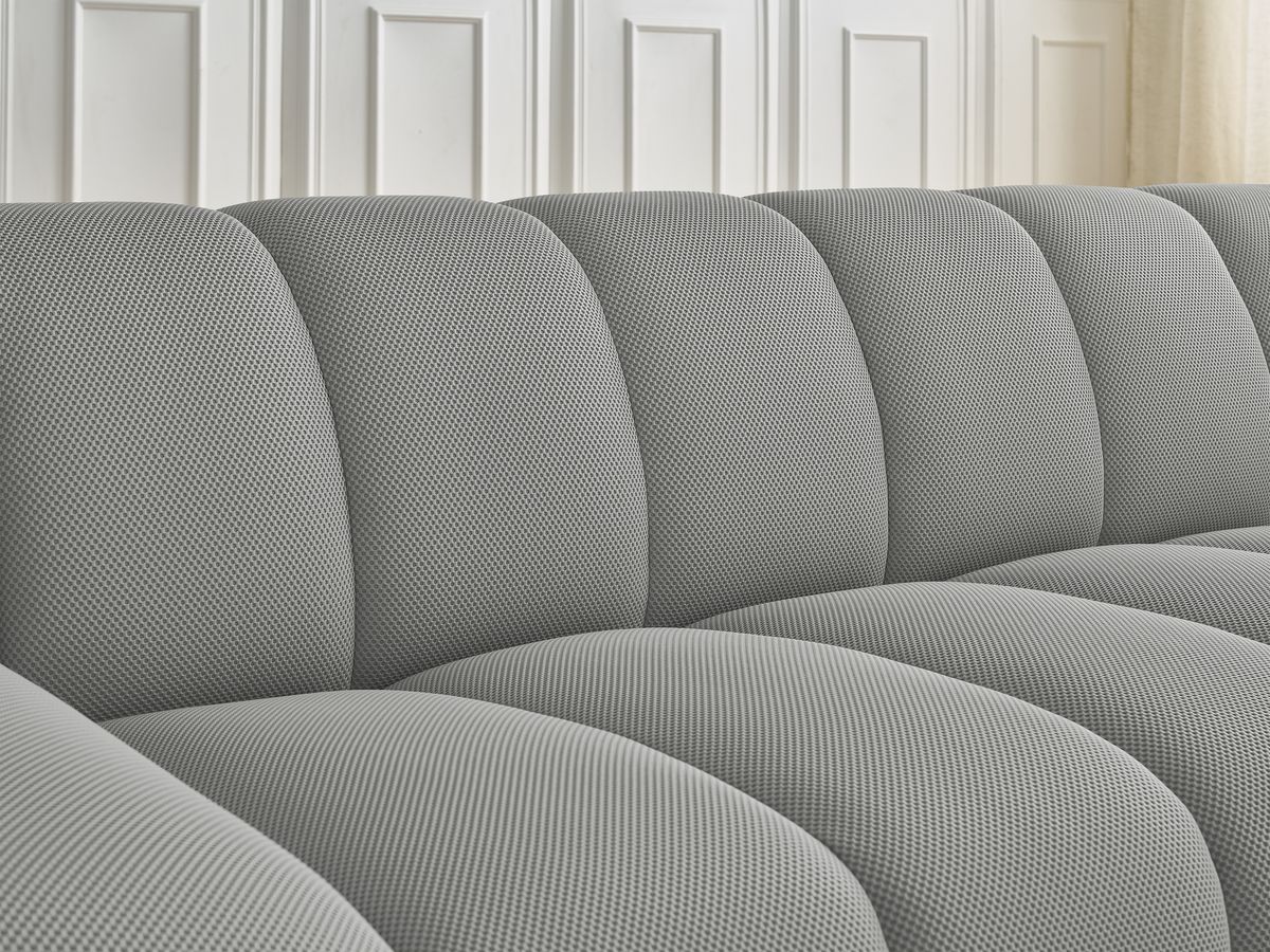Ensemble canapé droit fixe 3 + 2 places HAYDEN tissu mesh avec 1 pouf grand avec plateau, 1 pouf grand et 1 pouf petit