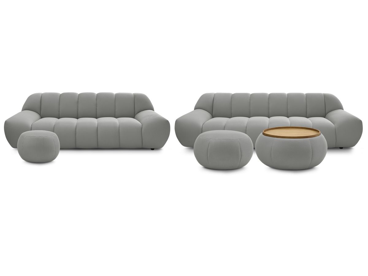 Ensemble canapé droit fixe 3 + 2 places HAYDEN tissu mesh avec 1 pouf grand avec plateau, 1 pouf grand et 1 pouf petit