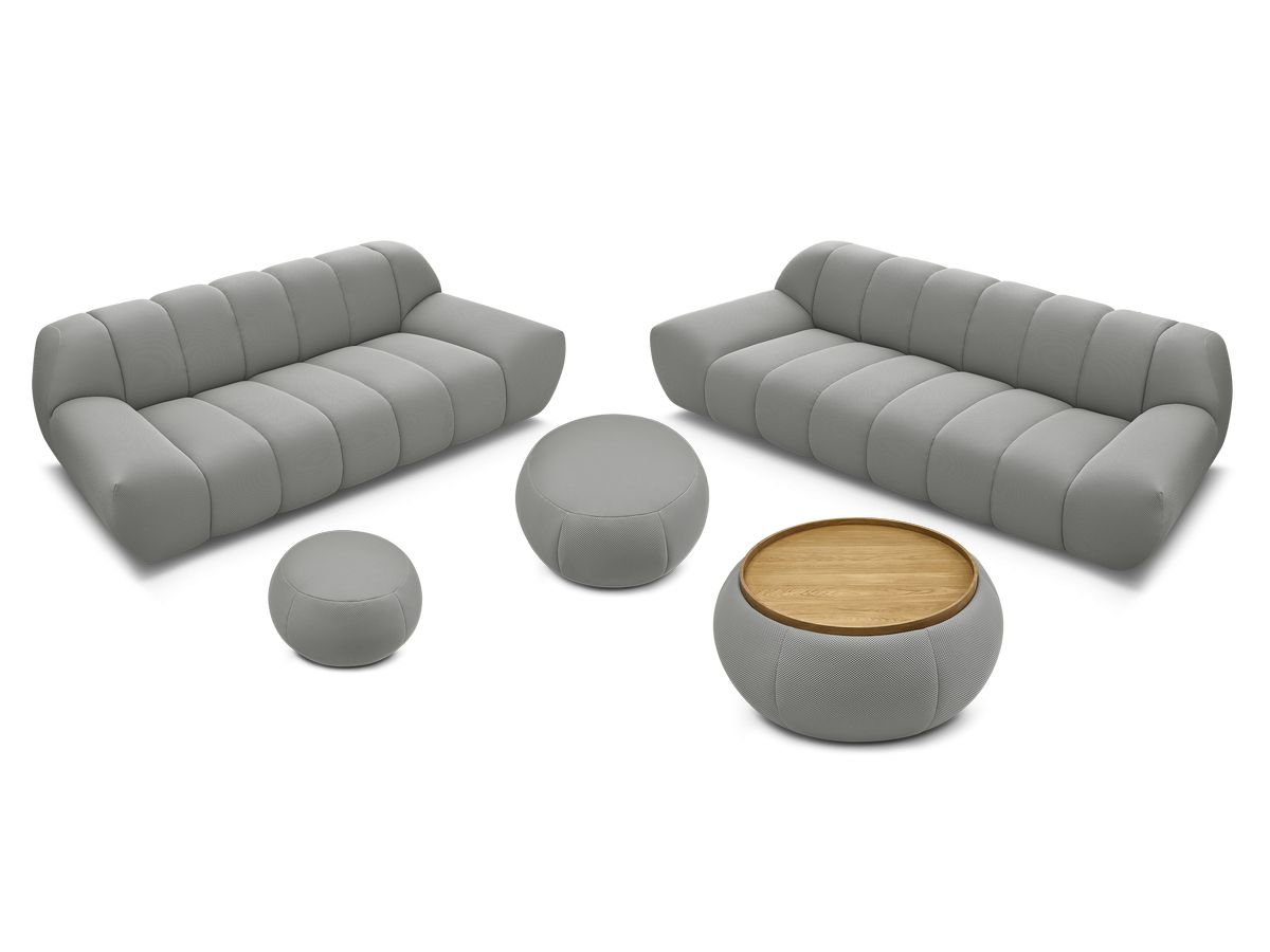 Ensemble canapé droit fixe 3 + 2 places HAYDEN tissu mesh avec 1 pouf grand avec plateau, 1 pouf grand et 1 pouf petit