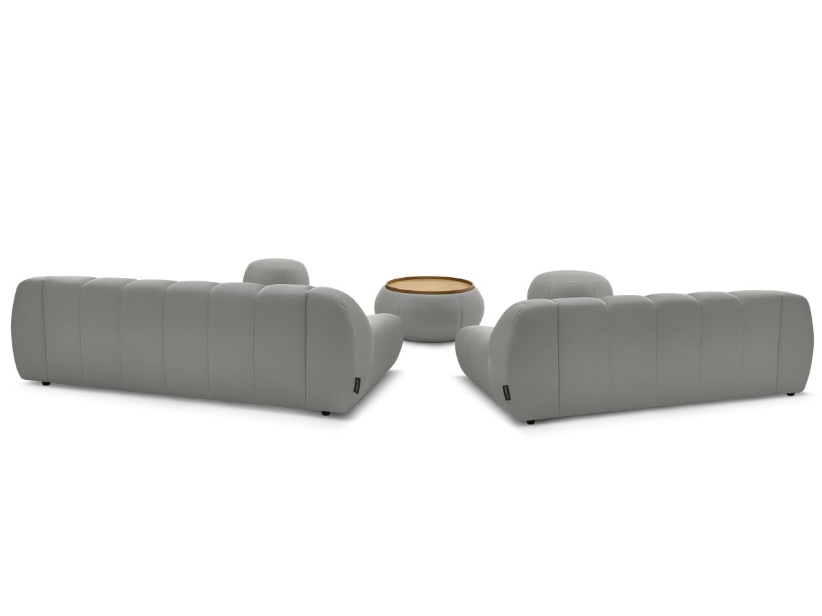 Ensemble canapé droit fixe 3 + 2 places HAYDEN tissu mesh avec 1 pouf grand avec plateau, 1 pouf grand et 1 pouf petit