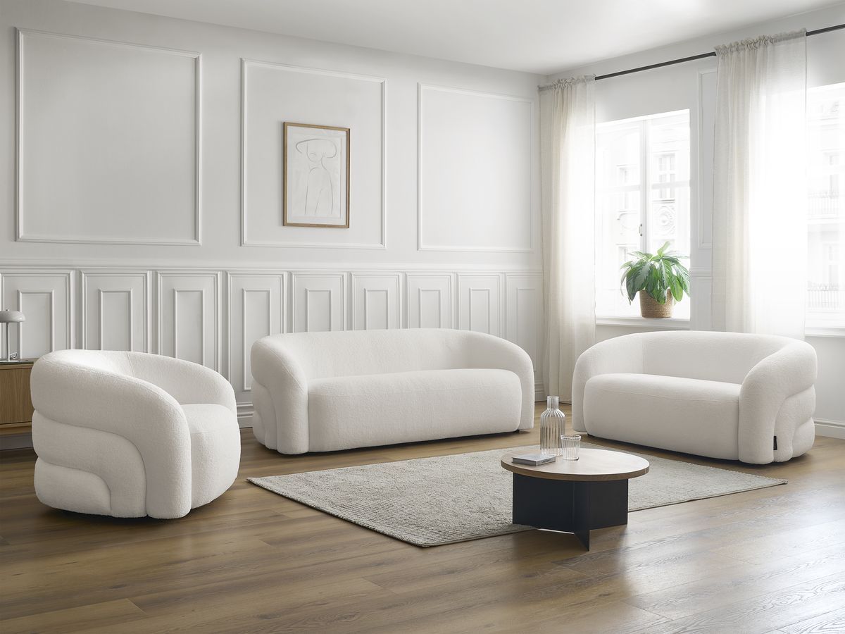Ensemble canapé droit fixe 3 + 2 places + fauteuil pivotant ELINA tissu bouclette