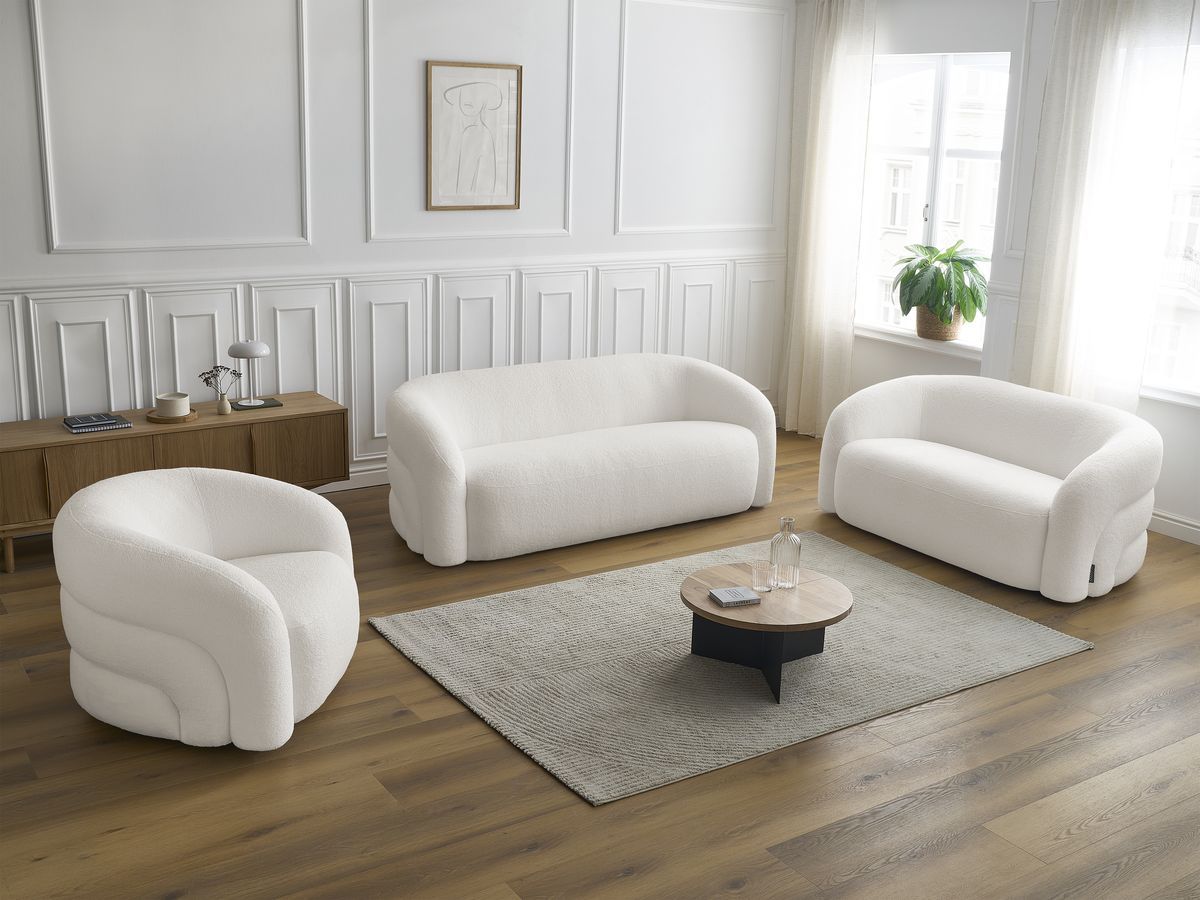 Ensemble canapé droit fixe 3 + 2 places + fauteuil pivotant ELINA tissu bouclette