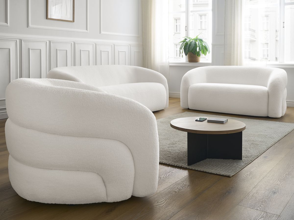 Ensemble canapé droit fixe 3 + 2 places + fauteuil pivotant ELINA tissu bouclette
