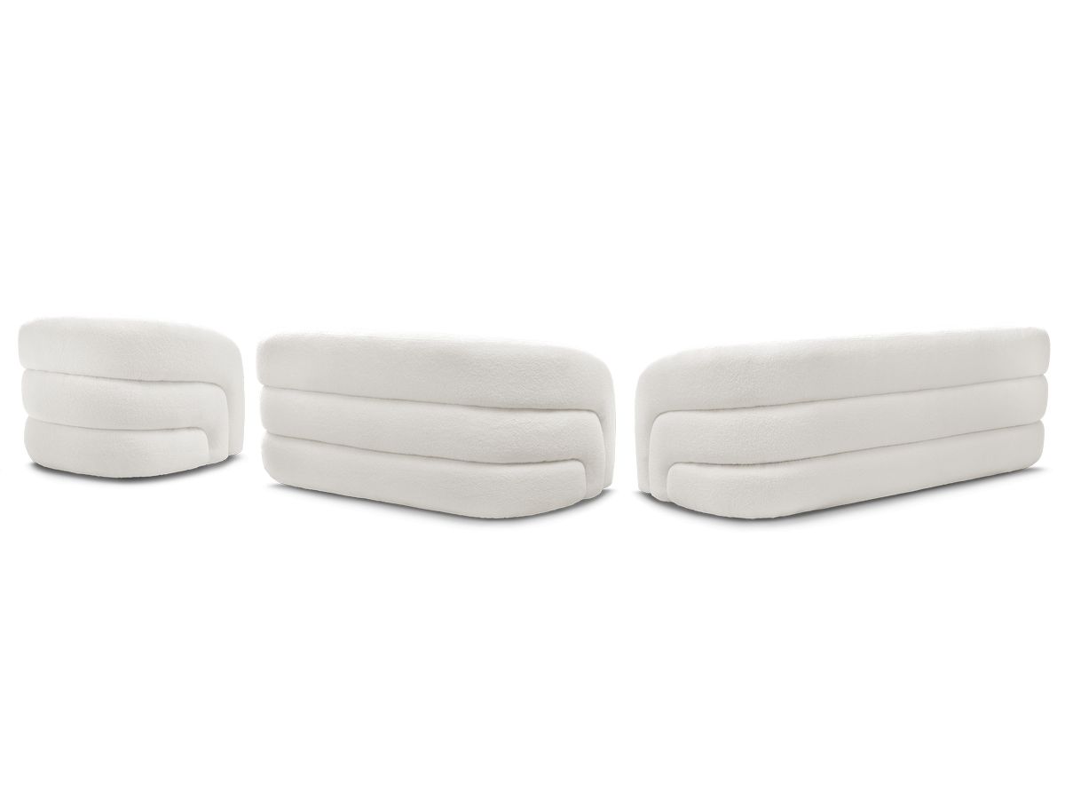 Ensemble canapé droit fixe 3 + 2 places + fauteuil pivotant ELINA tissu bouclette