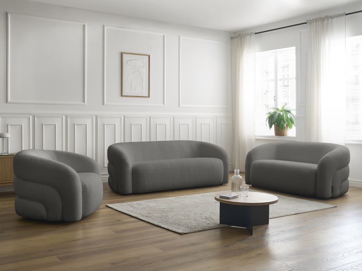 Ensemble canapé droit fixe 3 + 2 places + fauteuil pivotant ELINA tissu bouclette