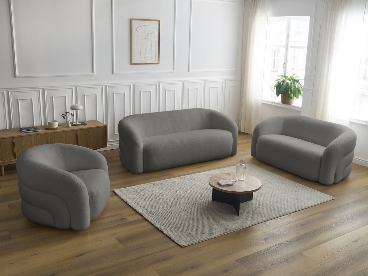Ensemble canapé droit fixe 3 + 2 places + fauteuil pivotant ELINA tissu bouclette