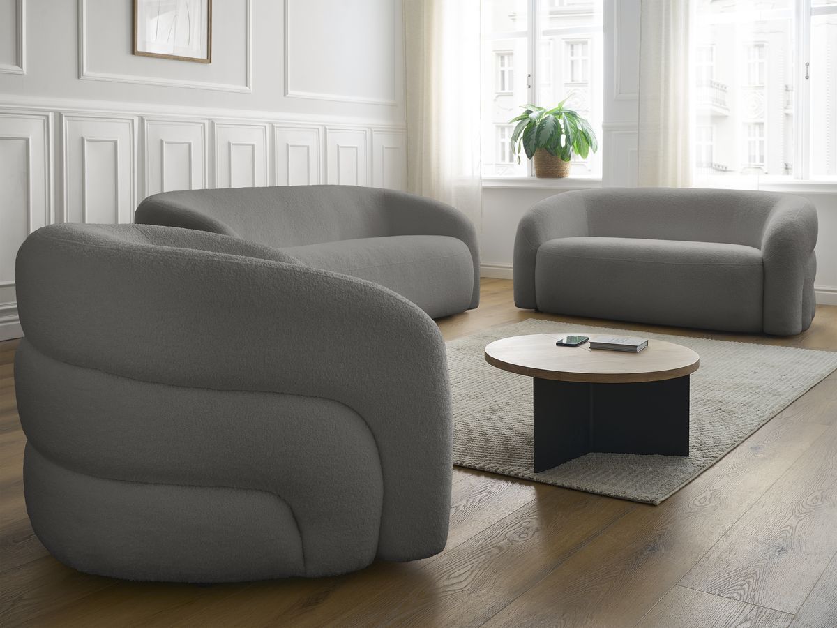 Ensemble canapé droit fixe 3 + 2 places + fauteuil pivotant ELINA tissu bouclette