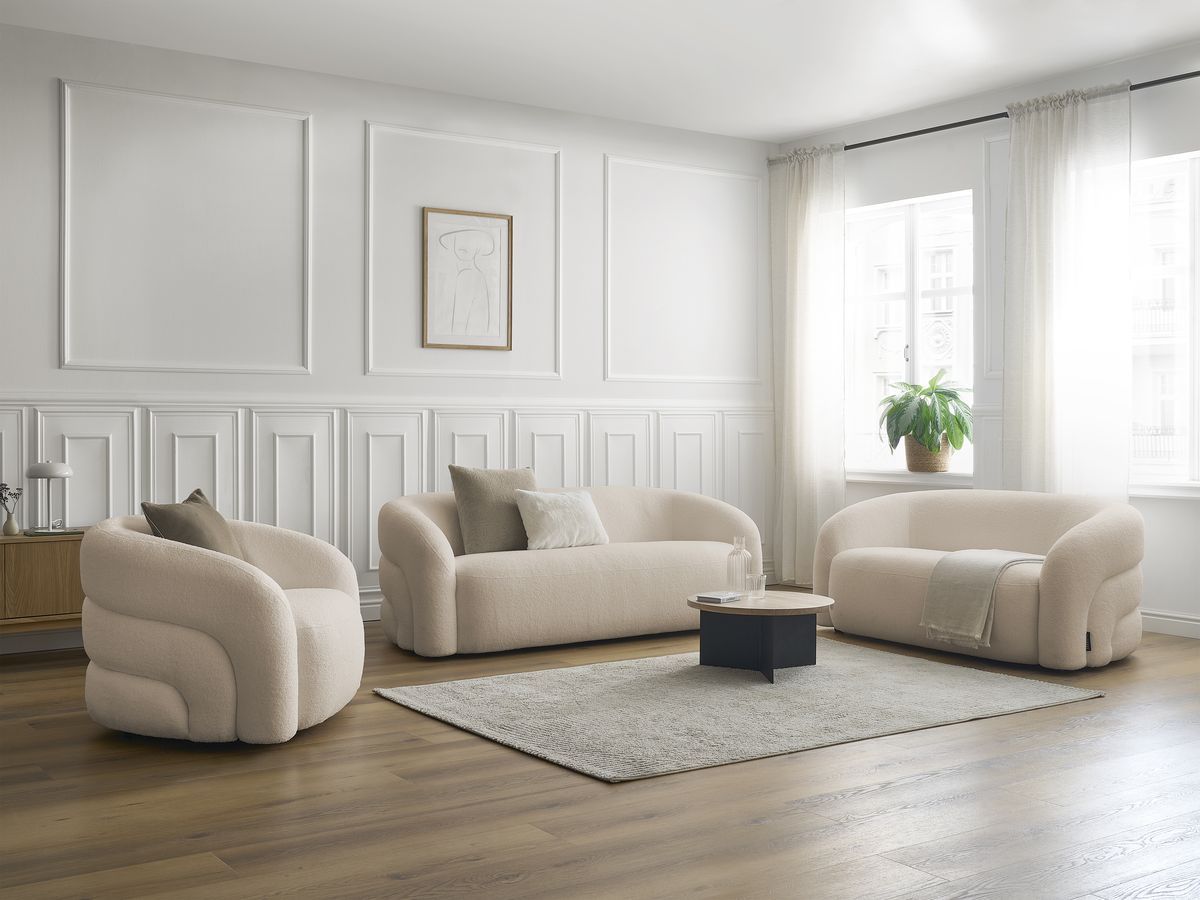 Ensemble canapé droit fixe 3 + 2 places + fauteuil pivotant ELINA tissu bouclette