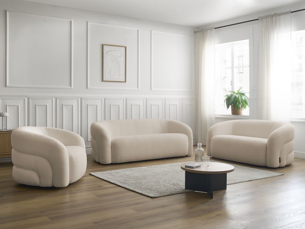 Ensemble canapé droit fixe 3 + 2 places + fauteuil pivotant ELINA tissu bouclette
