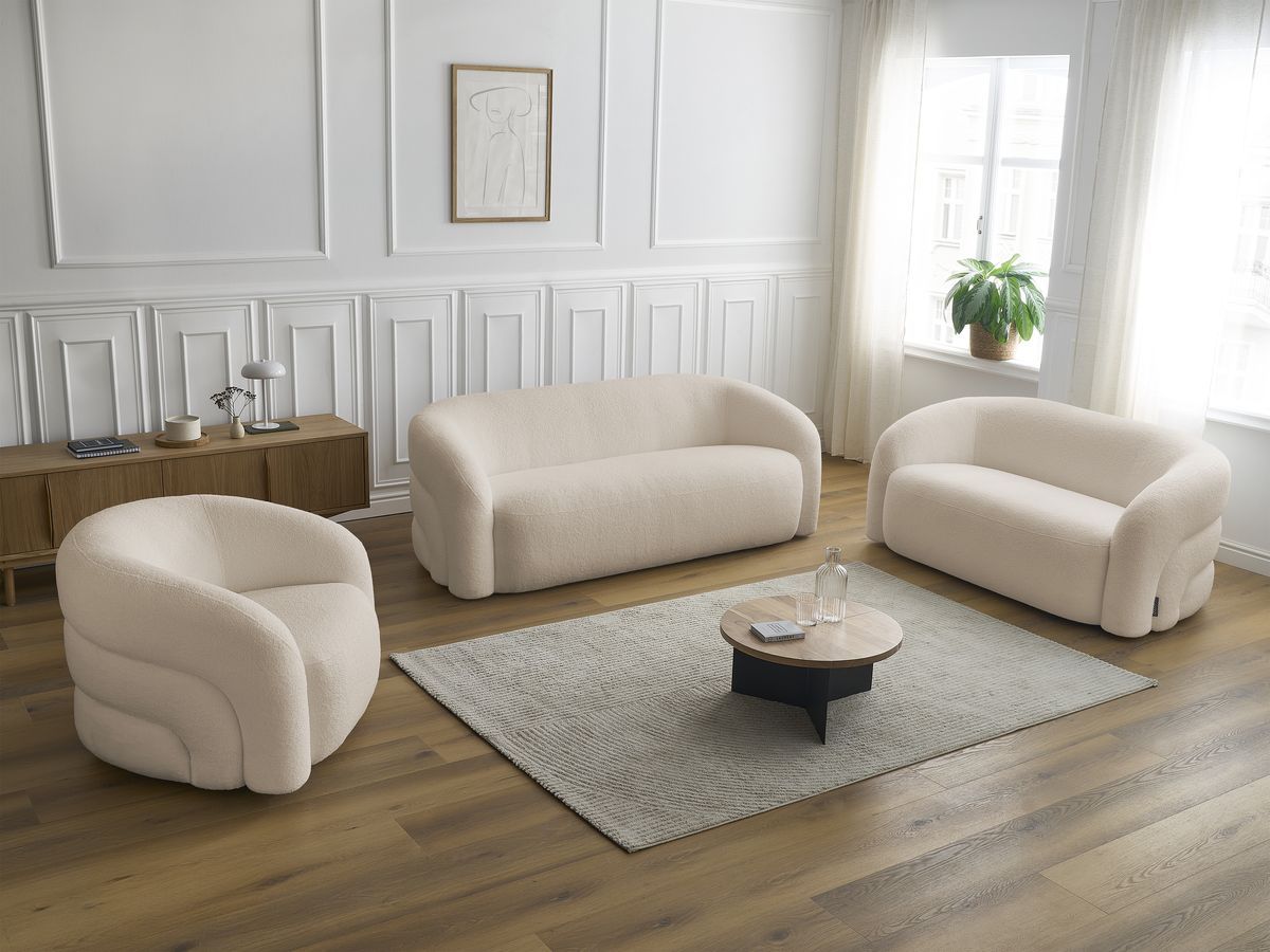 Ensemble canapé droit fixe 3 + 2 places + fauteuil pivotant ELINA tissu bouclette