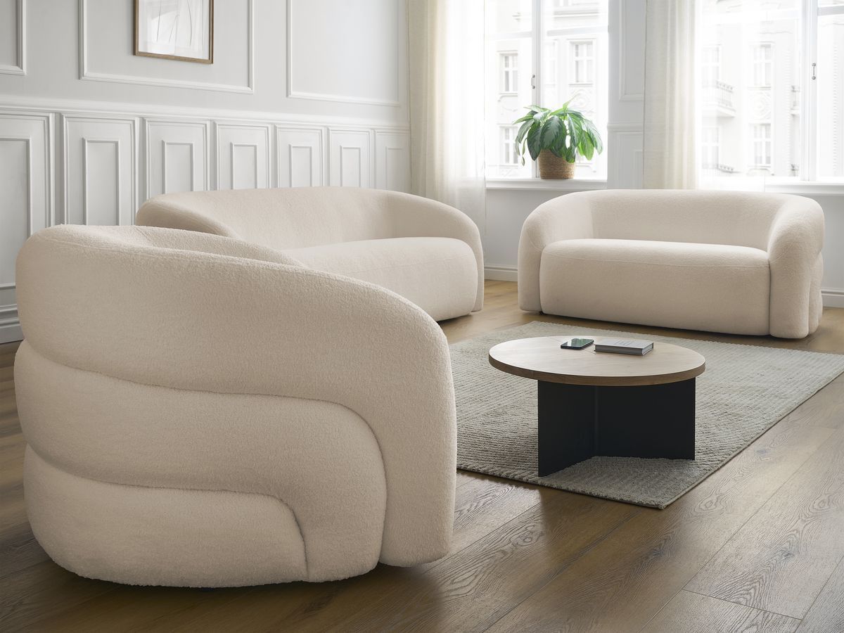 Ensemble canapé droit fixe 3 + 2 places + fauteuil pivotant ELINA tissu bouclette