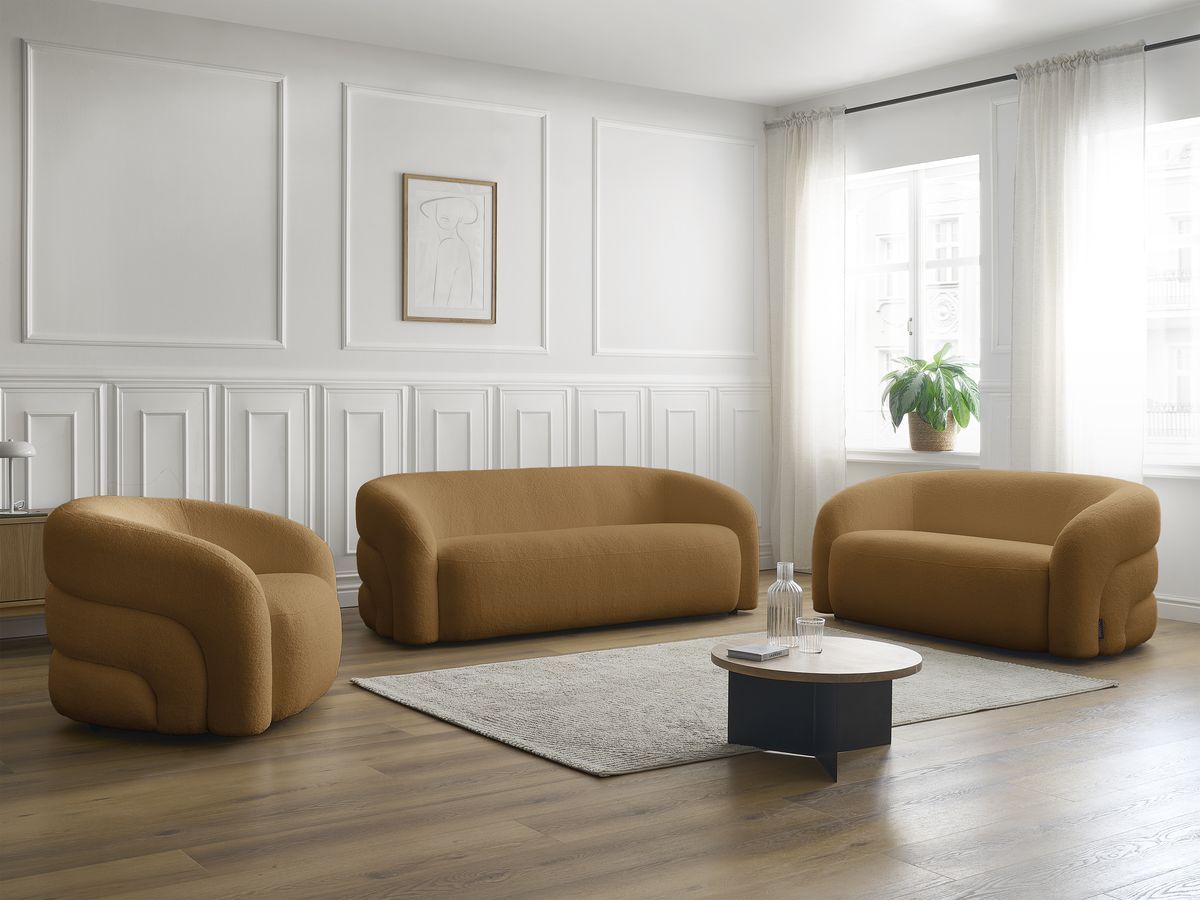 Ensemble canapé droit fixe 3 + 2 places + fauteuil pivotant ELINA tissu bouclette