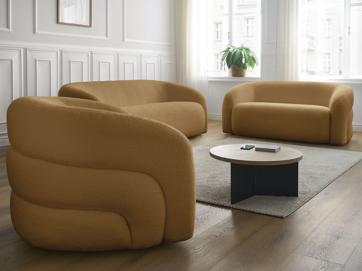 Ensemble canapé droit fixe 3 + 2 places + fauteuil pivotant ELINA tissu bouclette
