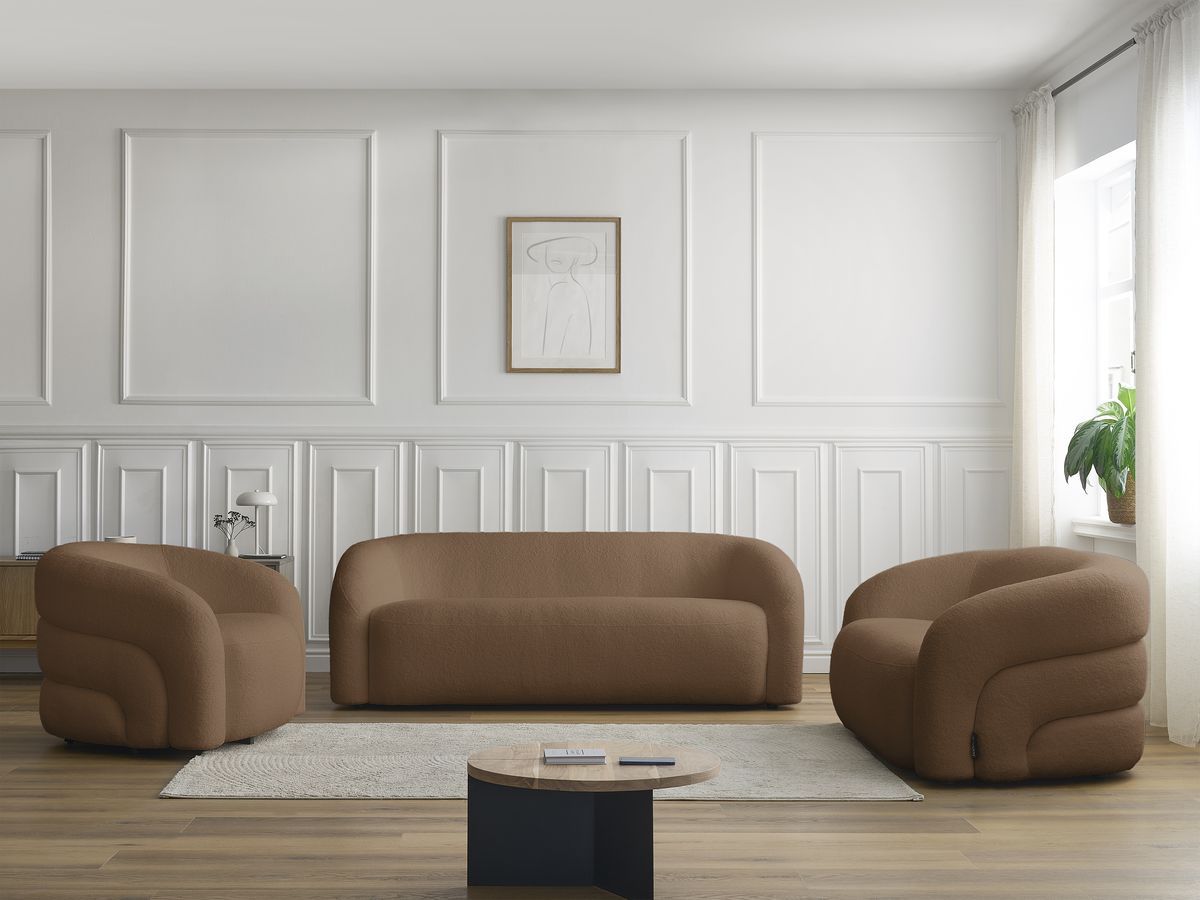 Ensemble canapé droit 3 + 2 places + fauteuil pivotant ELINA bouclette marron — vue 5