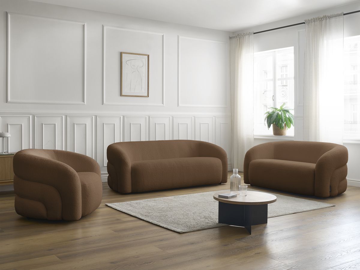 Ensemble canapé droit fixe 3 + 2 places + fauteuil pivotant ELINA tissu bouclette
