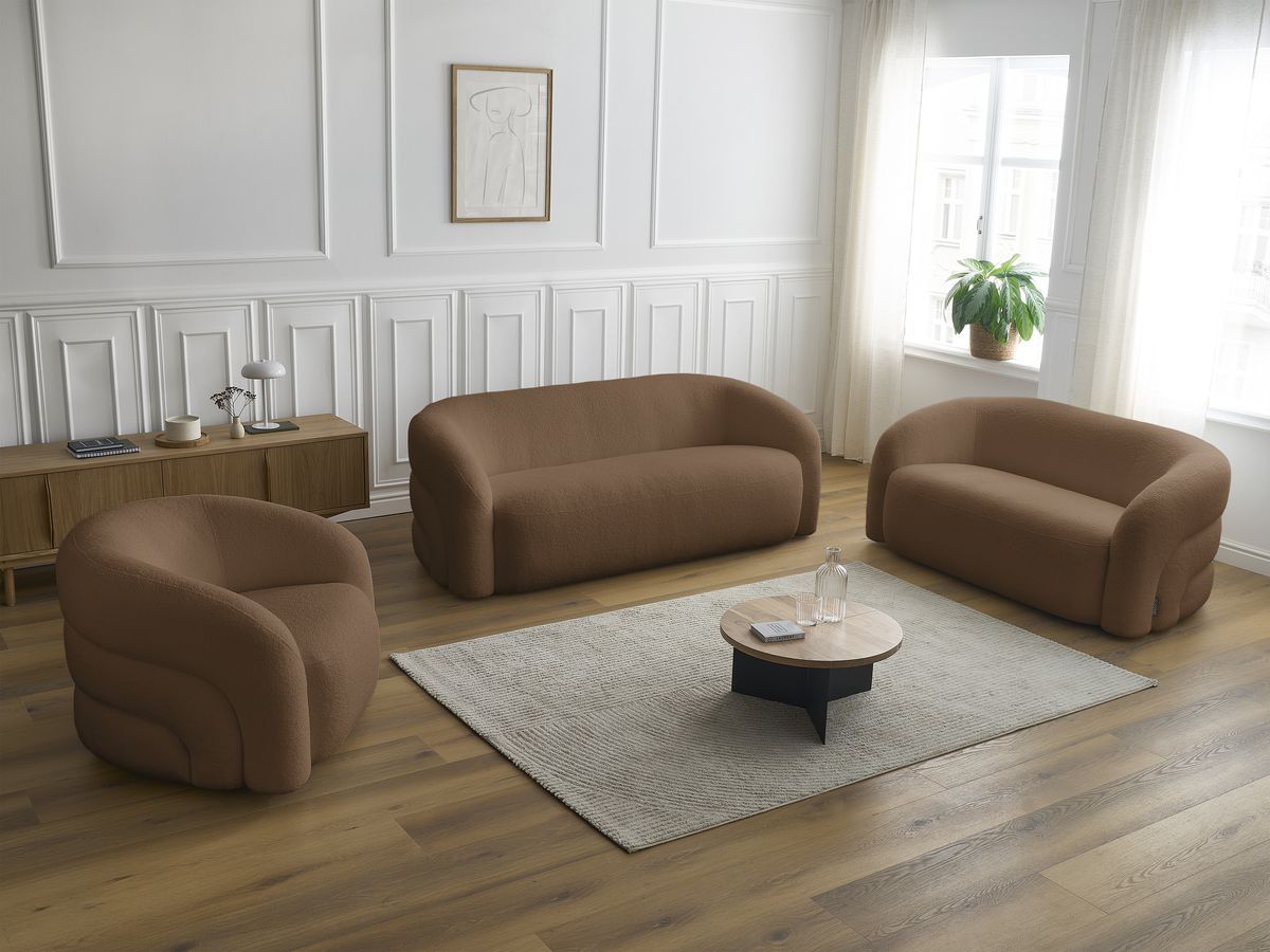 Ensemble canapé droit fixe 3 + 2 places + fauteuil pivotant ELINA tissu bouclette