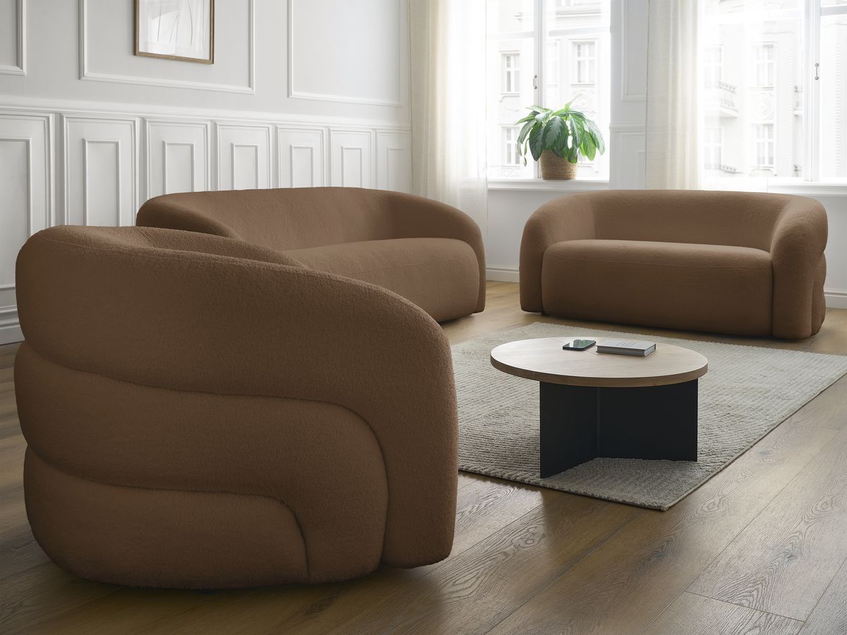 Ensemble canapé droit fixe 3 + 2 places + fauteuil pivotant ELINA tissu bouclette