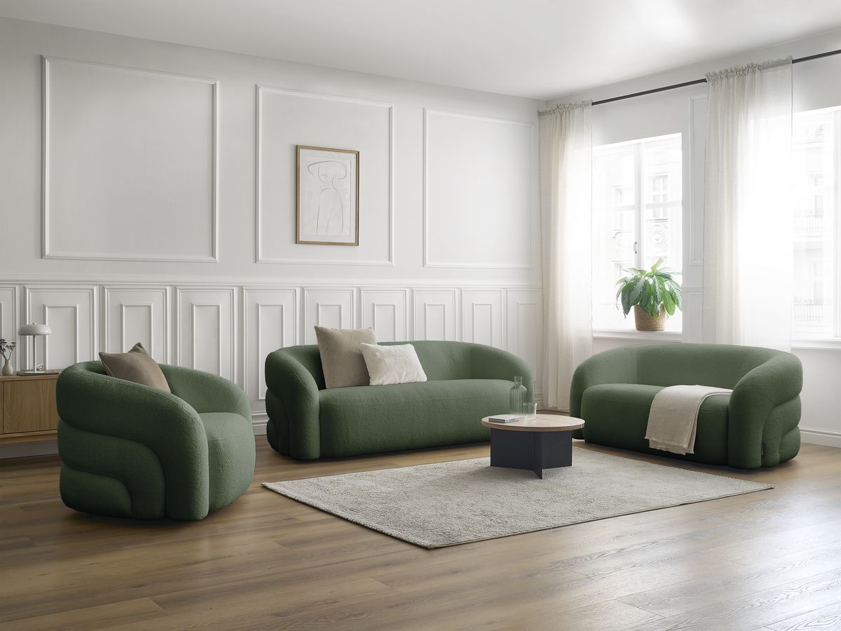 Ensemble canapé droit fixe 3 + 2 places + fauteuil pivotant ELINA tissu bouclette