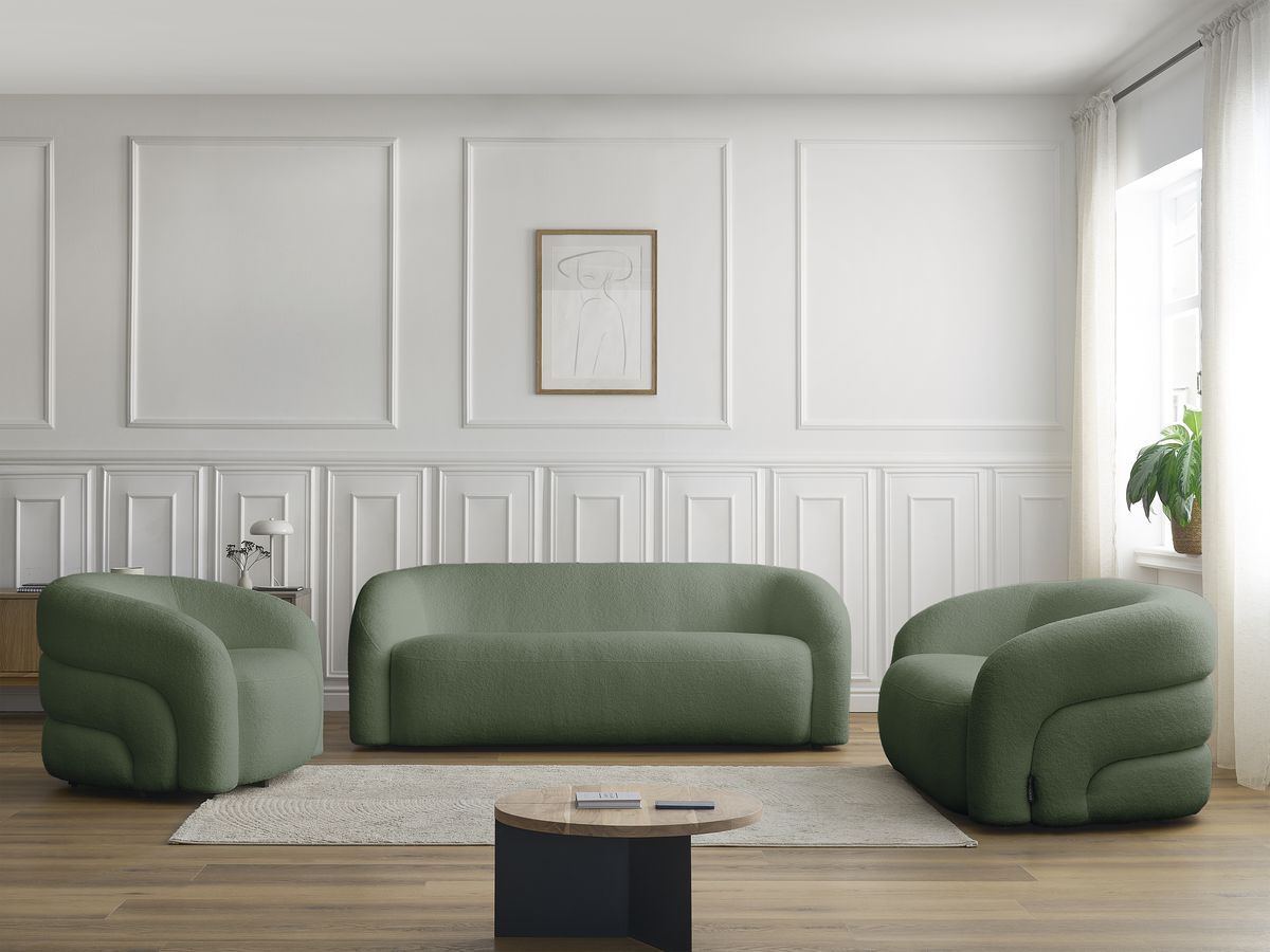 Ensemble canapé droit fixe 3 + 2 places + fauteuil pivotant ELINA tissu bouclette vert   BOBOCHIC - Vue supplémentaire 3