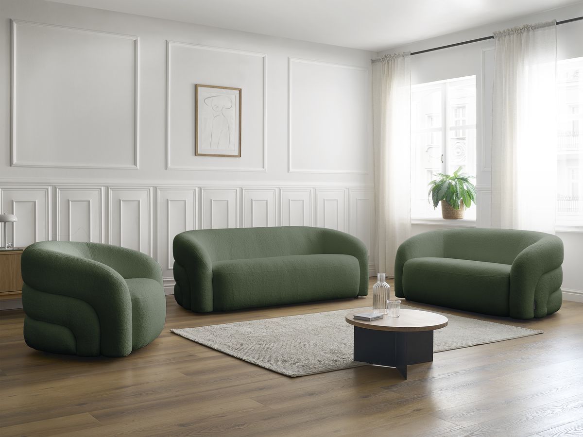 Ensemble canapé droit fixe 3 + 2 places + fauteuil pivotant ELINA tissu bouclette