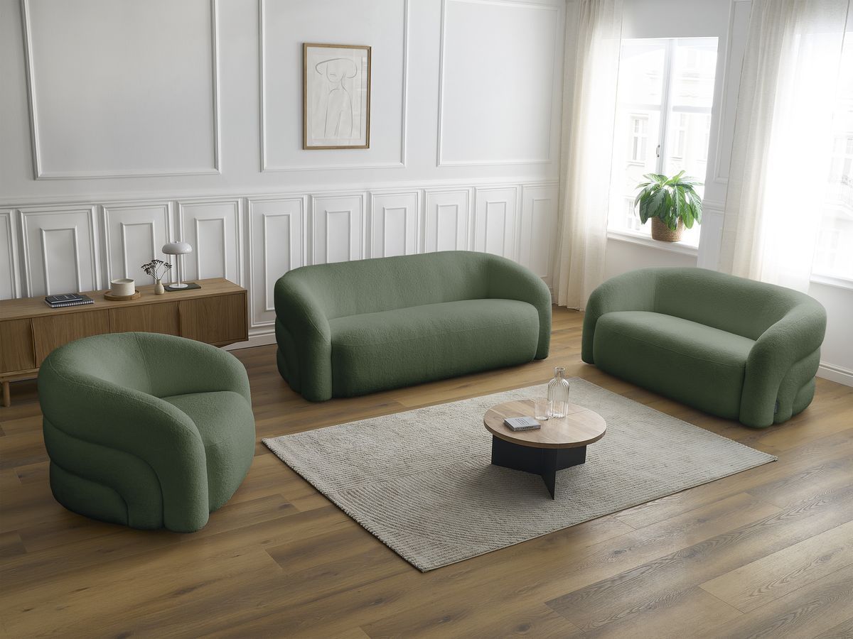 Ensemble canapé droit fixe 3 + 2 places + fauteuil pivotant ELINA tissu bouclette