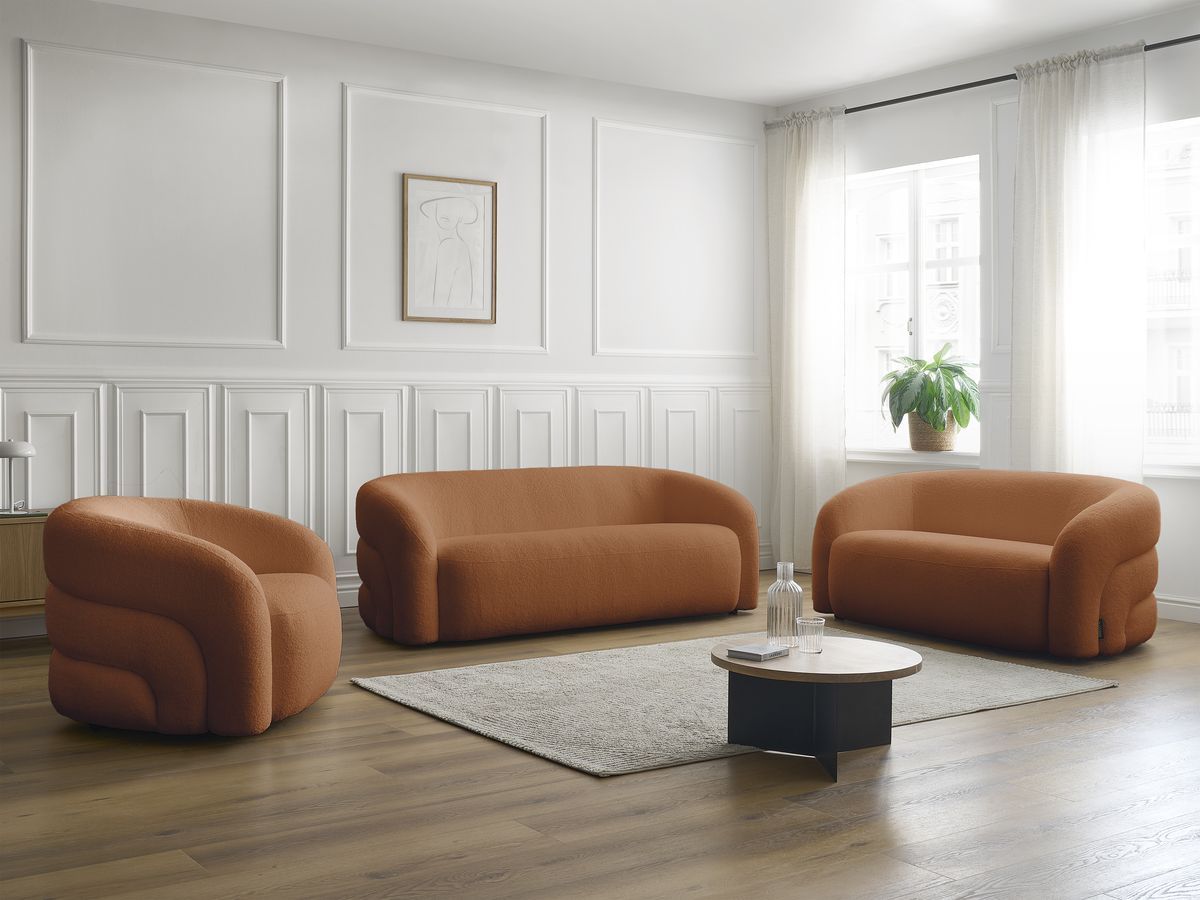 Ensemble canapé droit fixe 3 + 2 places + fauteuil pivotant ELINA tissu bouclette