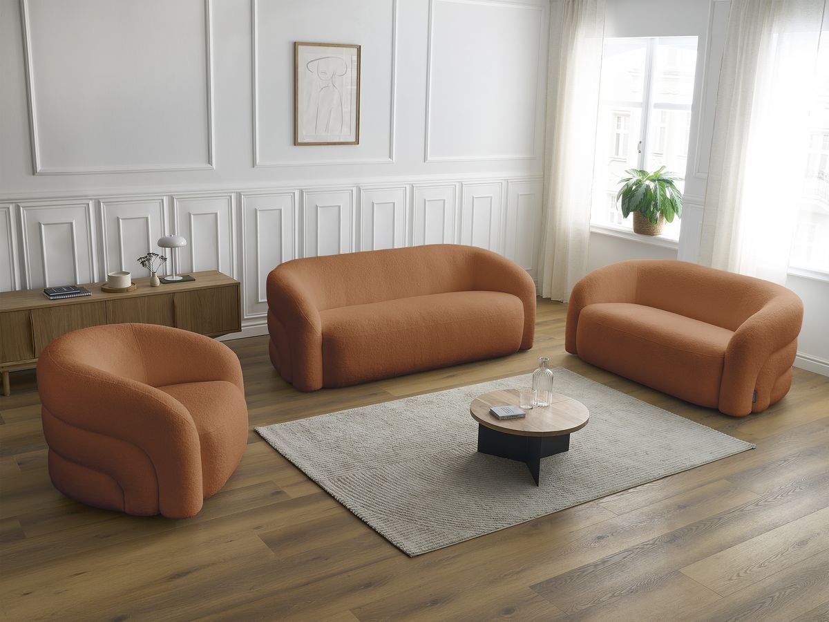 Ensemble canapé droit fixe 3 + 2 places + fauteuil pivotant ELINA tissu bouclette