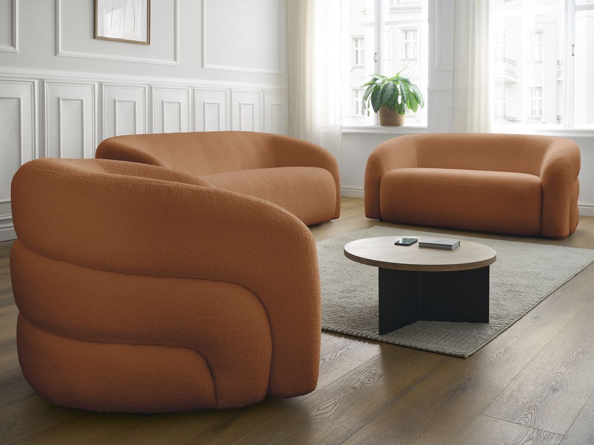 Ensemble canapé droit fixe 3 + 2 places + fauteuil pivotant ELINA tissu bouclette