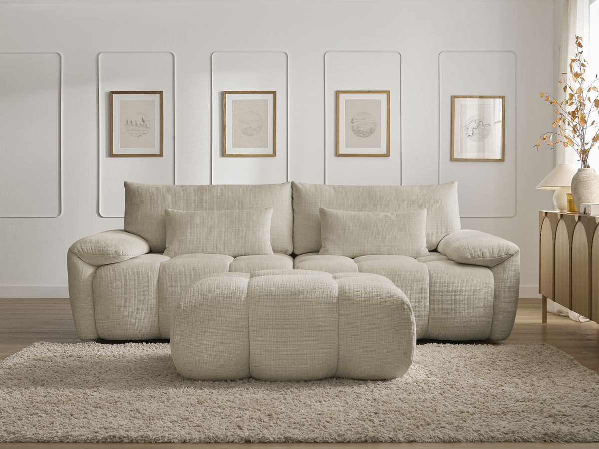 Canapé droit 3 places IVANE texturé avec pouf beige — vue 5