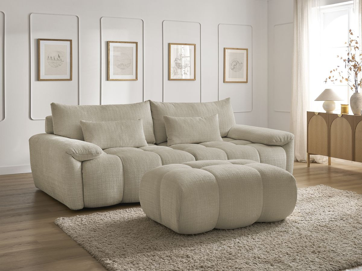 Canapé droit fixe 3 places IVANE tissu texturé avec pouf