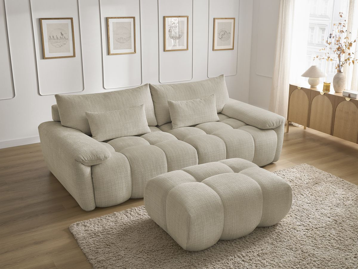 Canapé droit fixe 3 places IVANE tissu texturé avec pouf
